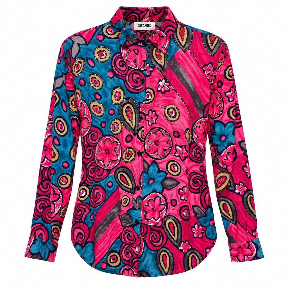 Vintage Y2K Gitano Retro Psychedelic Maximalist Shirt Womens Medium Boho Blouse